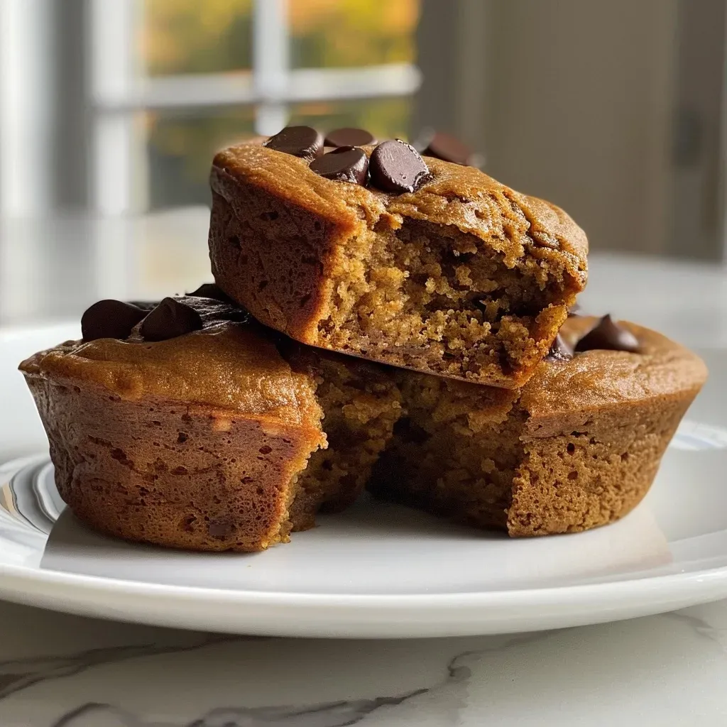 ['A close-up side view of healthy oat flour pumpkin muffins topped with mini chocolate chips.', 'Juicy pumpkin muffins made with oat flour and garnished with chocolate chips, captured in detail.', 'A detailed shot showing the moist texture of pumpkin muffins with a sprinkle of mini chocolate chips.', 'Side view of wholesome pumpkin muffins with a rich, inviting texture and chocolate chip decoration.']