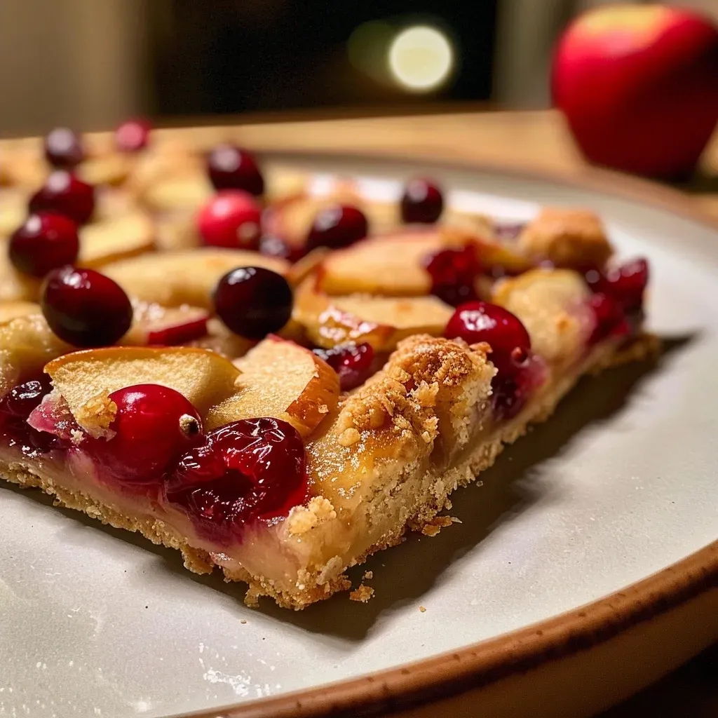 Close-up side view of a healthy cranberry apple pie with a golden crust.