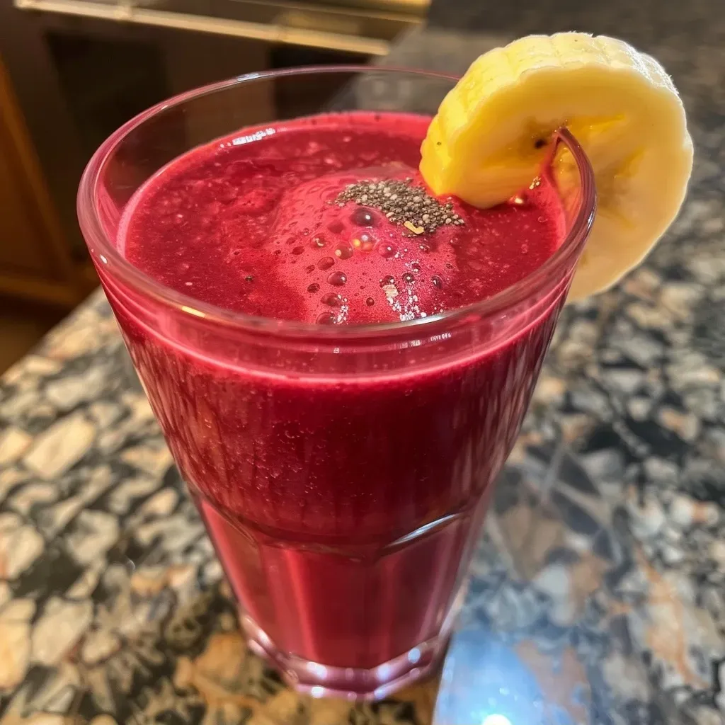 Close-up of a vibrant beet and carrot smoothie in a glass, showcasing its deep red color.