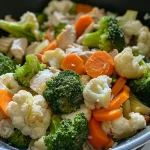 ['A close-up of healthy brown rice porridge with green broccoli and cauliflower florets.', 'Side view of a bowl filled with brown rice porridge, topped with carrot strips and fresh vegetables.', 'A vibrant, creamy porridge featuring brown rice, broccoli, and cauliflower in a bowl.', 'Delicious brown rice porridge with a mix of fresh vegetables, highlighted in a close-up view.']
