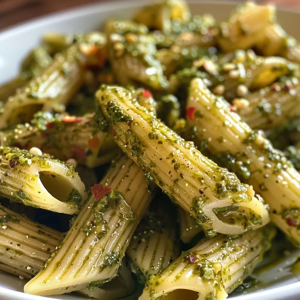 ['Close-up view of gluten-free vegan pumpkin pesto with pasta.', 'Side angle of vibrant pumpkin pesto mixed with gluten-free pasta.', 'Juicy gluten-free vegan pumpkin pesto plated with Casarecce pasta.', 'Detailed look at creamy pumpkin pesto alongside gluten-free pasta.']