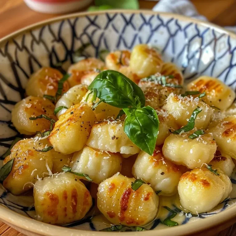 ['Close-up view of golden, crispy gnocchi cooked in an air fryer.', 'Side angle of perfectly cooked gnocchi with a sprinkle of herbs.', 'Juicy gnocchi with a crispy exterior, served with a basil dip.', 'Delicious gnocchi showcased on a plate with a rich green dip.']