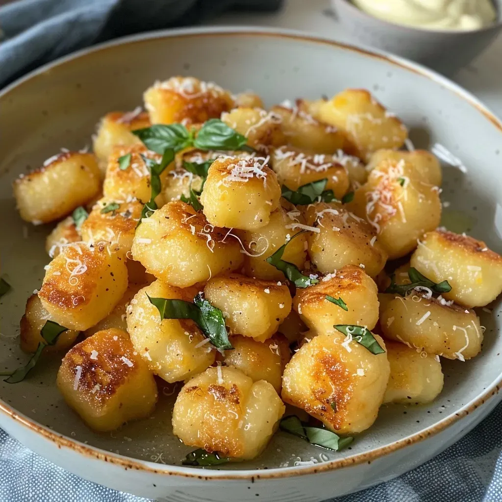 ['Close-up view of golden, crispy gnocchi cooked in an air fryer.', 'Side angle of perfectly cooked gnocchi with a sprinkle of herbs.', 'Juicy gnocchi with a crispy exterior, served with a basil dip.', 'Delicious gnocchi showcased on a plate with a rich green dip.']