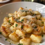 ['Close-up view of golden gnocchi in creamy leek sauce with herbs.', 'Appetizing gnocchi topped with a rich leek and cream sauce, garnished with parsley.', 'Side view of gnocchi in a luscious sauce made with leeks and parmesan.', 'Detailed image of tender gnocchi coated in a smooth, creamy leek sauce alongside herbs.']