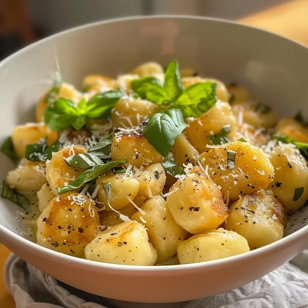 ['Close-up view of golden gnocchi in creamy leek sauce with herbs.', 'Appetizing gnocchi topped with a rich leek and cream sauce, garnished with parsley.', 'Side view of gnocchi in a luscious sauce made with leeks and parmesan.', 'Detailed image of tender gnocchi coated in a smooth, creamy leek sauce alongside herbs.']