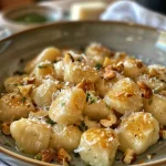 ['Close-up of gnocchi topped with goat cheese, caramelized pear, and walnuts.', 'Side view of a plate of gnocchi garnished with creamy goat cheese and sweet pears.', 'Delicious gnocchi dish featuring golden caramelized pears and crunchy walnuts.', 'Gnocchi with goat cheese, pear slices, and walnuts, elegantly arranged on a plate.']