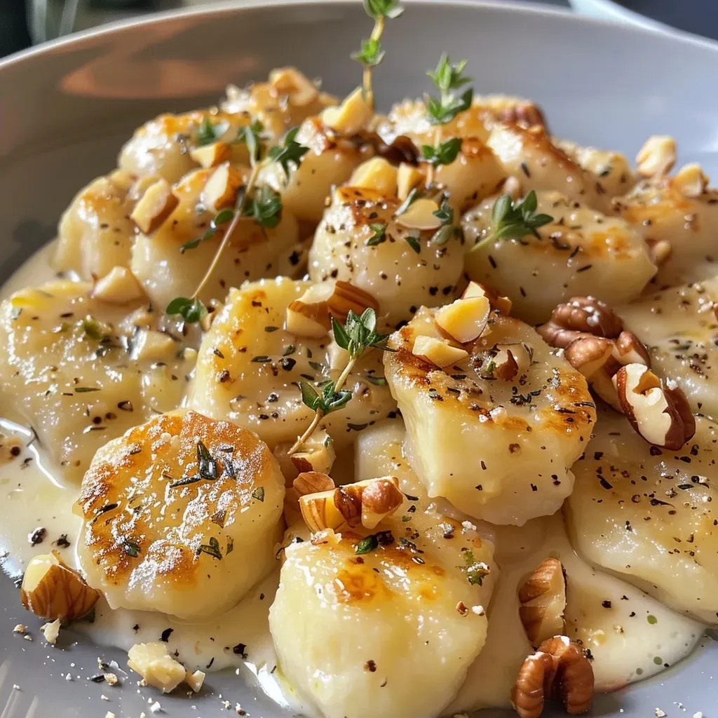 ['Close-up of gnocchi topped with goat cheese, caramelized pear, and walnuts.', 'Side view of a plate of gnocchi garnished with creamy goat cheese and sweet pears.', 'Delicious gnocchi dish featuring golden caramelized pears and crunchy walnuts.', 'Gnocchi with goat cheese, pear slices, and walnuts, elegantly arranged on a plate.']