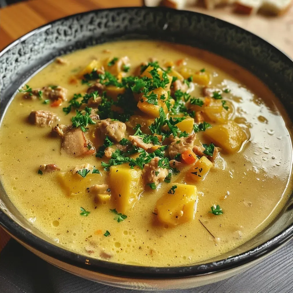 ['Close-up view of creamy Goldene Pastinakensuppe in a bowl with garnishes.', 'Side view of a bowl filled with golden parsnip soup with visible toppings.', 'Detailed close-up of Goldene Pastinakensuppe showcasing the smooth texture and ingredients.', 'Rich and creamy parsnip soup served in a bowl, highlighting its inviting color.']
