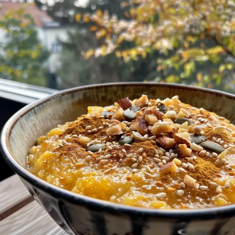 ['Close-up view of a creamy golden pumpkin porridge topped with pumpkin seeds and pecans.', 'Side view of a bowl of golden pumpkin porridge with a rich texture and garnished with nuts.', 'Mouthwatering golden pumpkin oatmeal in a bowl, featuring a sprinkle of seeds and nuts.', 'Delicious pumpkin porridge displayed in a bowl, highlighting its creamy consistency and toppings.']