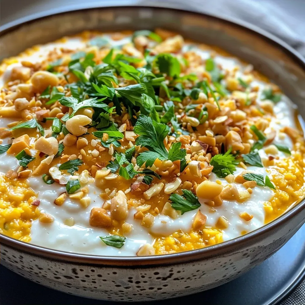 Close-up view of a creamy golden pumpkin porridge topped with pumpkin seeds and pecans.