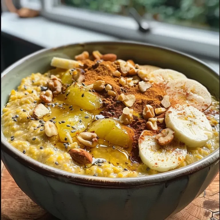 ['Close-up view of creamy Gouden Havermoutpap with toppings.', 'Side angle of a bowl filled with golden oatmeal porridge and fresh fruits.', 'Delicious Gouden Havermoutpap displaying vibrant colors and rich textures.', 'Tasty Gouden Havermoutpap with spices and sweet toppings, captured from the side.']