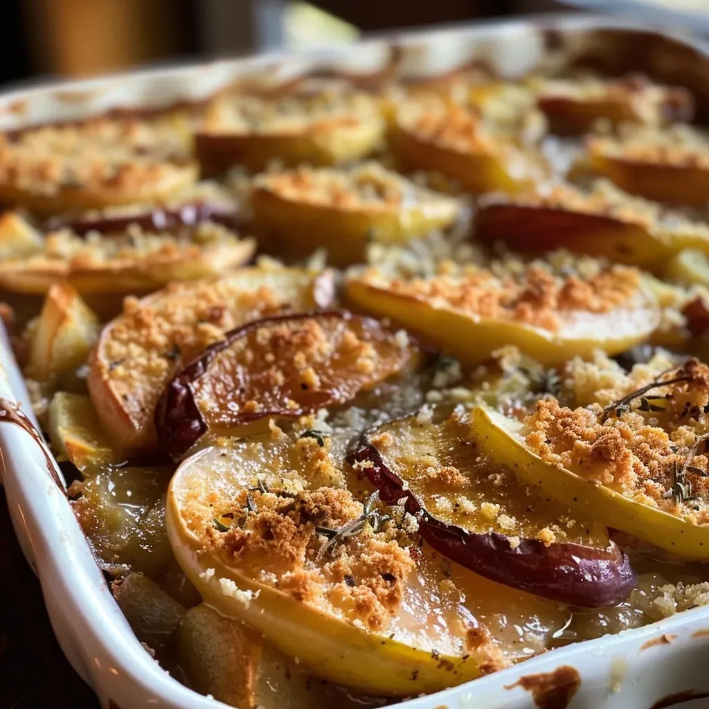 Close-up side view of gratins featuring pears and figs topped with hazelnut cream.
