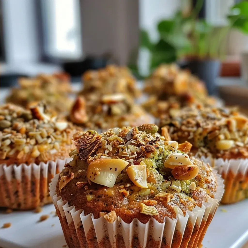['Close-up of freshly baked Grünkohl muffins, showcasing their green texture and golden tops.', 'Side view of juicy Grünkohl muffins with a crispy exterior and green kale visible.', 'A plate of Grünkohl muffins highlighting their moist appearance and sprinkled pine nuts on top.', 'Detailed shot of Grünkohl muffins revealing the ingredients like kale and feta inside.']