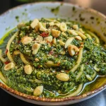 ['Close-up view of Grünkohl Pesto with pistachios in a white bowl.', 'Side view of vibrant green Grünkohl Pesto garnished with chopped pistachios.', 'Freshly made Grünkohl Pesto in a rustic bowl, featuring visible pistachios.', 'Rich green Grünkohl Pesto with a sprinkle of crushed pistachios on top.']