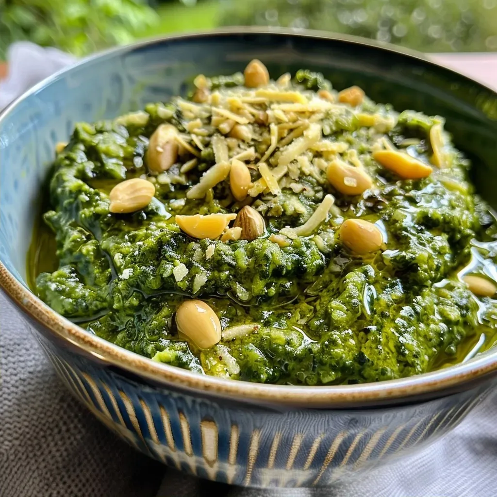 ['Close-up view of Grünkohl Pesto with pistachios in a white bowl.', 'Side view of vibrant green Grünkohl Pesto garnished with chopped pistachios.', 'Freshly made Grünkohl Pesto in a rustic bowl, featuring visible pistachios.', 'Rich green Grünkohl Pesto with a sprinkle of crushed pistachios on top.']