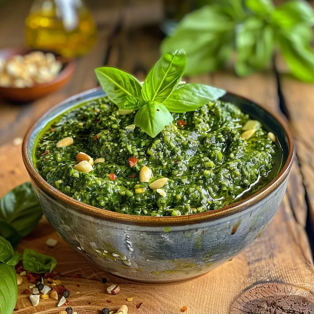 Close-up view of vibrant green Grünkohl pesto in a bowl.