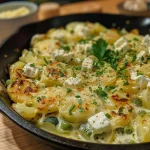 ['Close-up of a delicious Grünkohlpfanne featuring green kale, potatoes, and feta.', 'Side view of a vibrant Grünkohlpfanne dish with wilted greens and diced bacon on a plate.', 'Juicy Grünkohlpfanne served with potatoes and creamy sauce, captured in a detailed close-up.', 'Appetizing Grünkohlpfanne highlighting fresh ingredients like kale and garlic in a side view shot.']