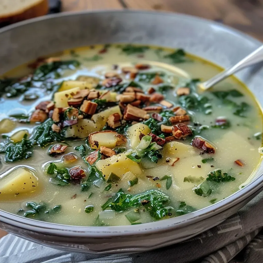 ['A close-up view of a bowl of vegan Grünkohlsuppe featuring dark green kale and chunks of potato.', 'A side view of a steaming bowl of Grünkohlsuppe, showcasing vibrant kale and creamy texture.', 'A detailed look at a vegan soup with kale and potatoes, set in a rustic bowl.', 'A warm bowl of Grünkohlsuppe, highlighting the fresh ingredients and rich, green color.']