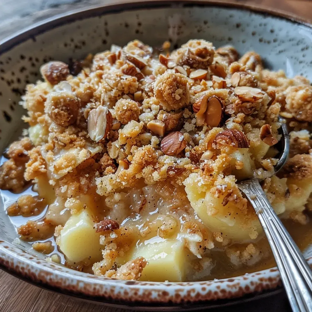 ['Close-up view of hazelnut crumble topping ingredients arranged on a wooden table.', 'Side view of a bowl containing a mixture of flour, butter, and chopped hazelnuts for crumble topping.', 'Ingredients for hazelnut crumble topping displayed in a compact layout, highlighting texture.', 'Detailed photo showing the components of a hazelnut crumble topping, emphasizing the crunchy texture.']
