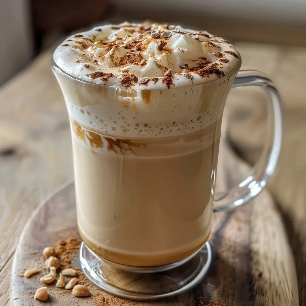 ['A close-up side view of a smooth hazelnut latte in a white cup.', 'A creamy hazelnut latte topped with foam, captured from the side.', 'Detailed view of a hazelnut latte with latte art in a glass cup.', 'A rich hazelnut latte with espresso and milk, shown from the side.']
