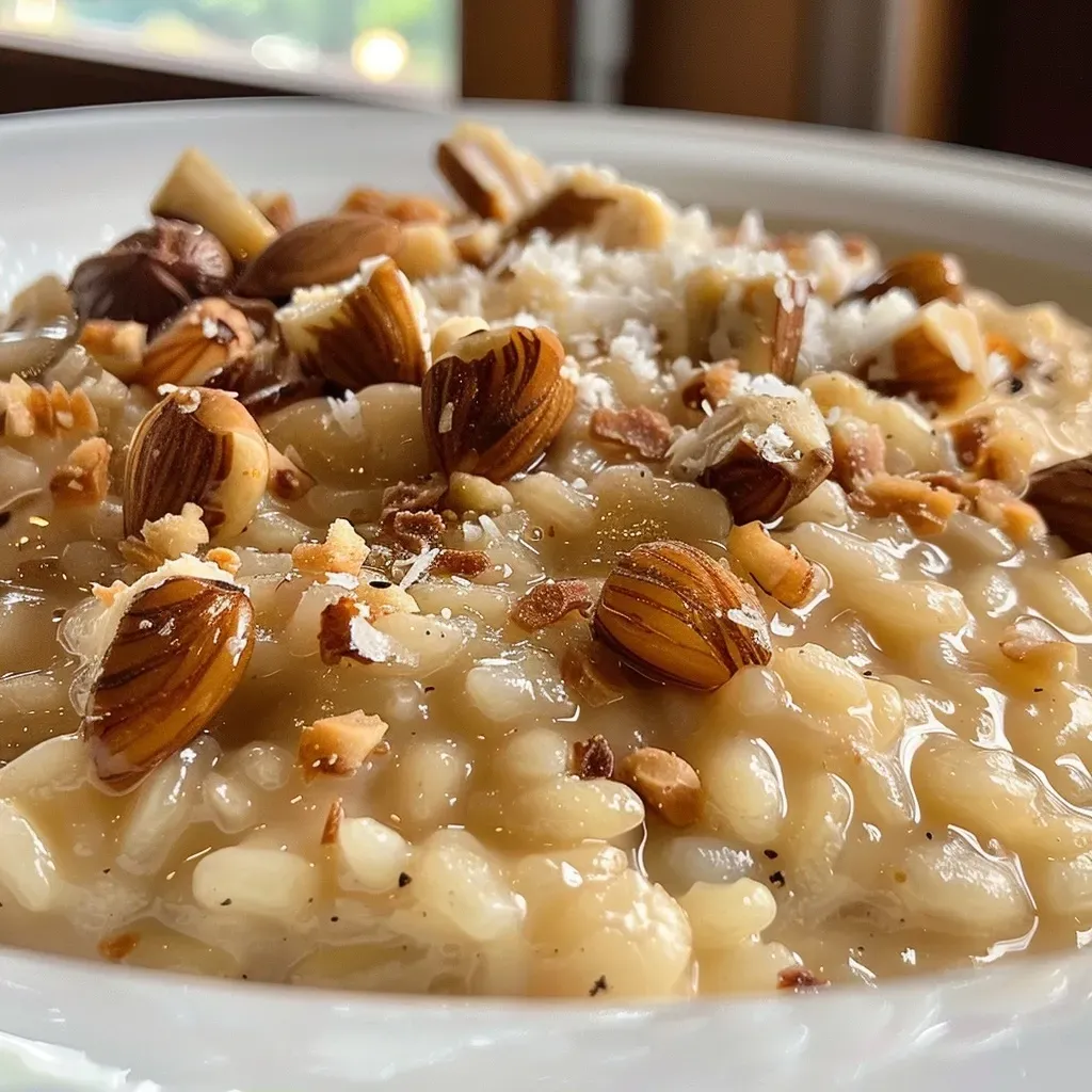 ['Close-up view of creamy Haselnussrisotto garnished with parsley.', 'Side angle of rich Haselnussrisotto topped with chopped parsley and hazelnuts.', 'Detailed shot of Haselnussrisotto featuring hazelnuts and a sprinkle of fresh parsley.', 'Delicious Haselnussrisotto in a bowl, showcasing its creamy texture and garnishes.']
