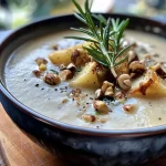 ['Close-up view of a bowl of hazelnut soup, garnished with herbs.', 'Side view of a creamy hazelnut soup in a rustic bowl.', 'Delicious hazelnut soup with visible chunks of vegetables and herbs.', 'A vibrant bowl of hazelnut soup with a smooth texture and fresh ingredients.']