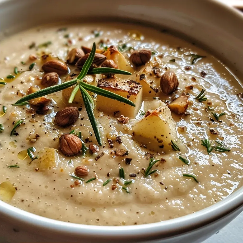 ['Close-up view of a bowl of hazelnut soup, garnished with herbs.', 'Side view of a creamy hazelnut soup in a rustic bowl.', 'Delicious hazelnut soup with visible chunks of vegetables and herbs.', 'A vibrant bowl of hazelnut soup with a smooth texture and fresh ingredients.']