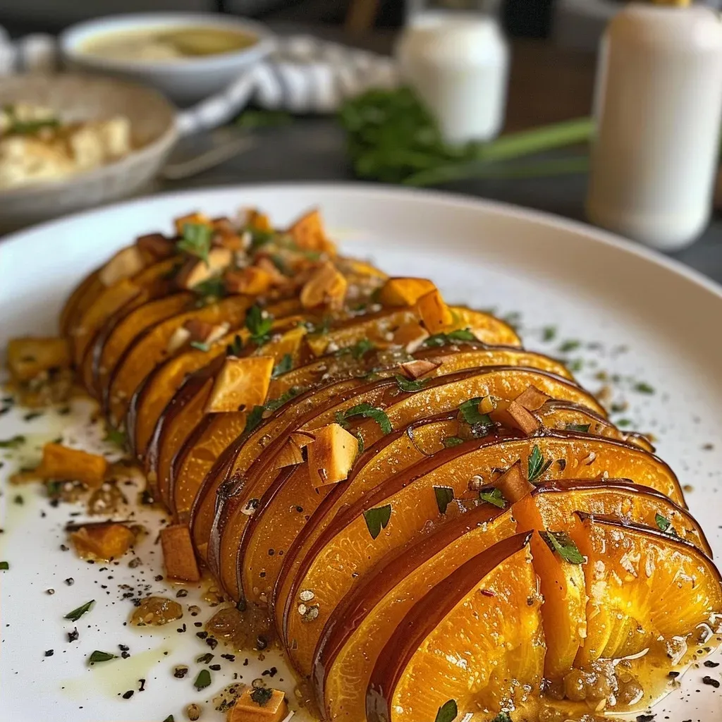 ['Close-up view of a sliced Hasselback Butternut squash topped with walnut gremolata.', 'Side view of a roasted Butternut squash, with visible cuts and a sprinkle of nuts and herbs.', 'Juicy Hasselback Butternut squash drizzled with a vibrant walnut mixture.', 'Detailed shot of a perfectly cooked Butternut squash, showcasing its texture and toppings.']