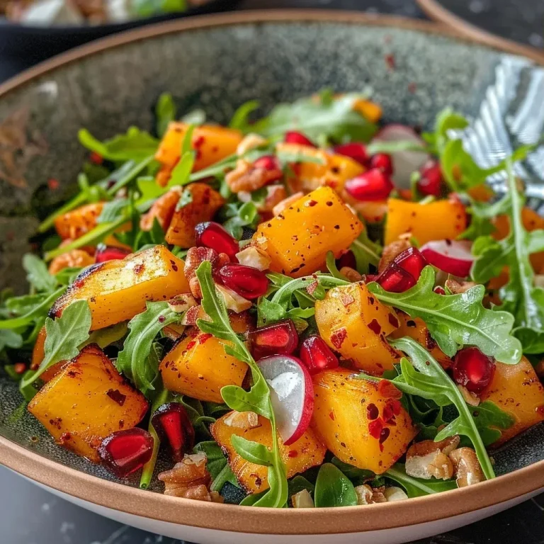 ['Close-up view of a colorful Herbstlicher Kürbis-Salat featuring diced pumpkin, chickpeas, and greens.', 'Side view of a vibrant autumn salad with pumpkin, feta, walnuts, and figs arranged beautifully.', 'Detailed image of a Herbstlicher Kürbis-Salat showcasing various ingredients like granatapfelkerne and rucola.', 'Juicy pumpkin salad in a bowl, garnished with walnuts, figs, and a drizzle of dressing.']