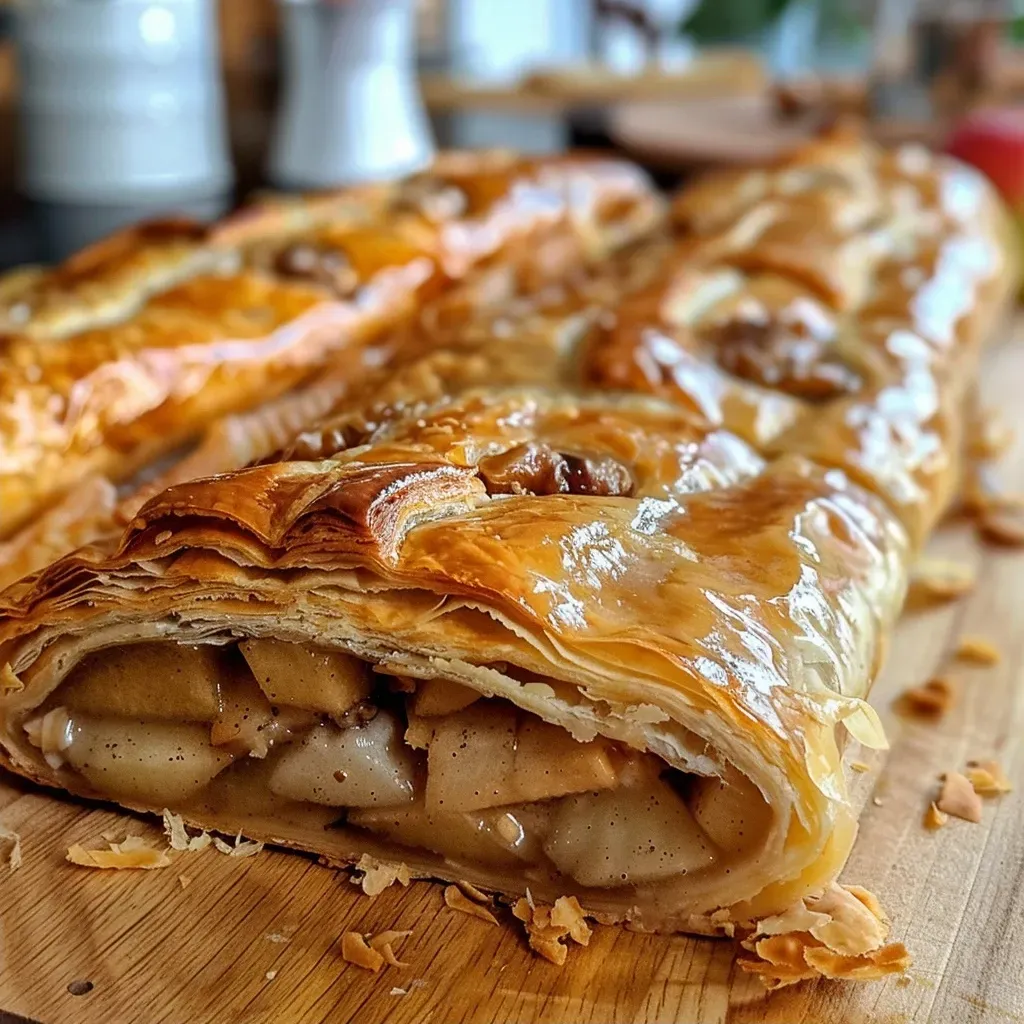 ['A close-up side view of Herbstlicher Zwetschgen Apfel Strudel showcasing juicy plums, apples, and grapes.', 'Side view of a freshly baked Zwetschgen Apfel Strudel with visible layers of fruit and a golden crust.', 'Detailed image of Herbstlicher Strudel filled with plums, apples, and grapes, highlighting its flaky texture.', 'Close-up of a slice of fruit strudel, showing juicy fillings and a crispy pastry shell.']