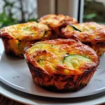['A side view of juicy protein muffins made with cottage cheese, garnished with colorful ingredients.', 'Close-up of savory protein muffins displaying a golden crust and visible chunks of chicken and vegetables.', 'Side shot of hearty muffins featuring a rich texture and ingredients like zucchini and paprika evident.', 'Juicy protein muffins with a soft interior and a topping of melted cheese, served on a white plate.']
