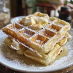['Close up of a golden-brown savory waffle with visible herbs and celery pieces.', 'Side view of freshly made savory waffles topped with chopped spring onions.', 'Appetizing image of a hearty waffle showcasing celery and a crispy texture.', 'Delicious savory waffle with a crisp exterior, highlighting its unique ingredients.']