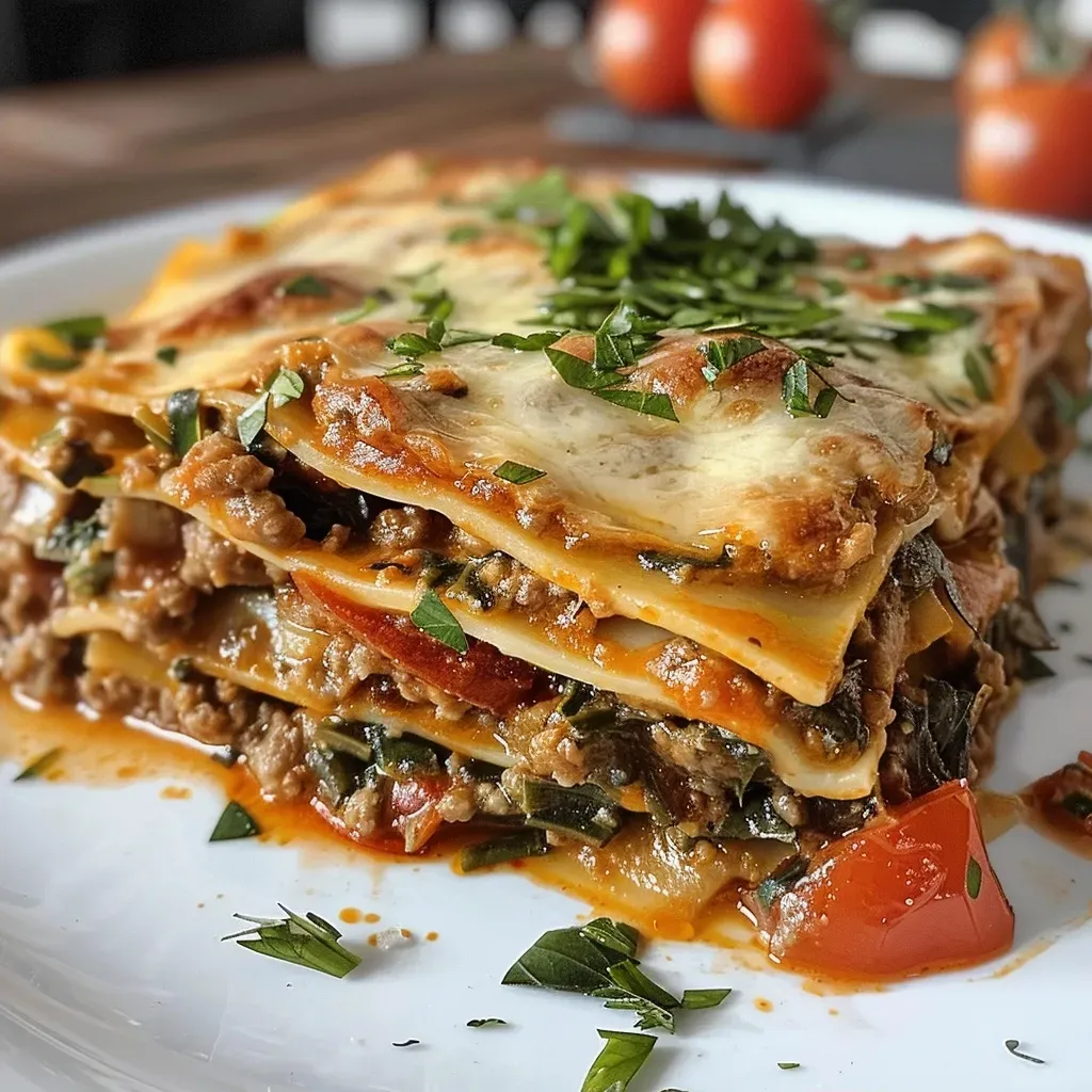 ['Close-up view of a juicy high protein lasagne layered with wraps and meat.', 'Side view of a delicious high protein lasagne showcasing its moist layers.', 'High protein lasagne with a rich texture and vibrant tomato sauce in close-up.', 'Detailed side shot of high protein lasagne with visible ingredients like turkey and tomatoes.']