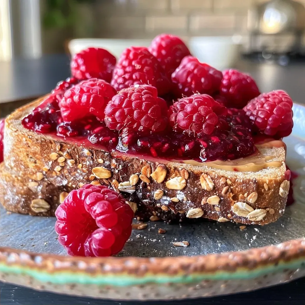 ['A close-up view of a slice of bread topped with almond butter, raspberry jam, and fresh raspberries.', 'A side perspective of a delicious toast with almond butter and vibrant raspberry toppings on a wooden surface.', 'A detailed close-up of raspberry almond butter toast featuring fresh fruit and spread on artisan bread.', 'A side shot of a gourmet toast showcasing creamy almond butter and ripe raspberries on crispy bread.']