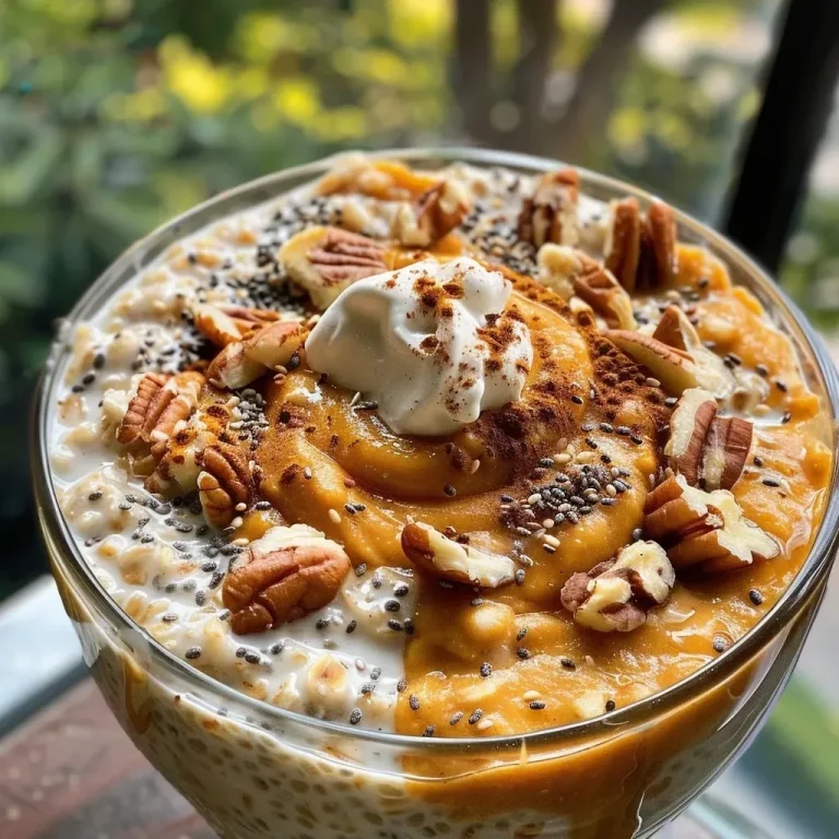 ['Close-up view of creamy pumpkin overnight oats in a clear jar, topped with chopped pecans.', 'Side view of high-protein pumpkin overnight oats with a smooth texture, garnished with whipped cream.', 'Appetizing pumpkin oats presented in a glass jar, showcasing layers of oats and toppings.', 'Delicious pumpkin overnight oats displayed in a bowl, with chia seeds and pecans sprinkled on top.']