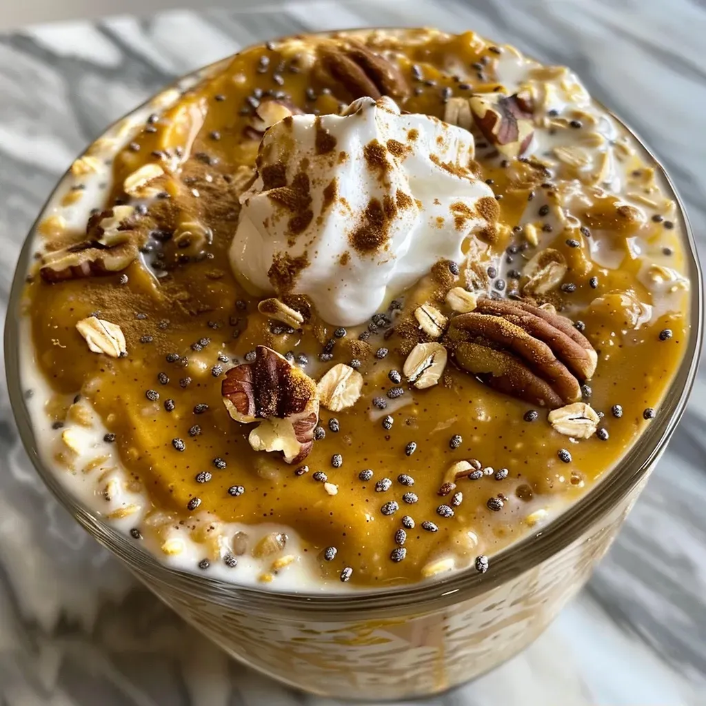 ['Close-up view of creamy pumpkin overnight oats in a clear jar, topped with chopped pecans.', 'Side view of high-protein pumpkin overnight oats with a smooth texture, garnished with whipped cream.', 'Appetizing pumpkin oats presented in a glass jar, showcasing layers of oats and toppings.', 'Delicious pumpkin overnight oats displayed in a bowl, with chia seeds and pecans sprinkled on top.']