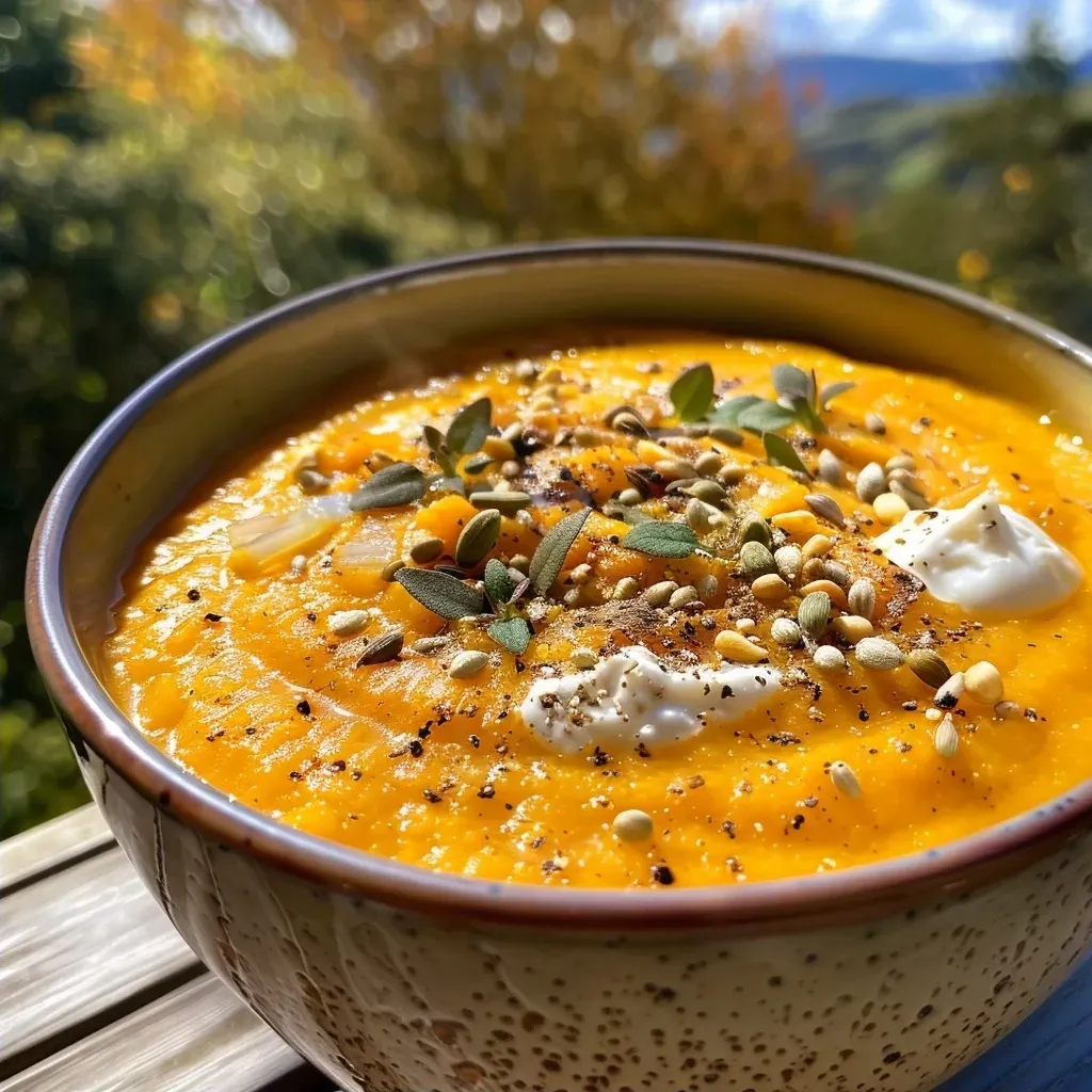 ['Close-up shot of creamy butternut squash soup in a bowl, garnished.', 'Side view of a hearty butternut squash soup showcasing its rich texture.', 'Vibrant orange butternut squash soup served in a rustic bowl with herbs.', 'Thick butternut squash soup with a hint of herbs and spices, captured beautifully.']