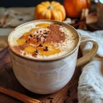 ['Close-up view of a creamy Hokkaido squash chaï latte in a clear glass.', 'Side view of a luscious Hokkaido Kürbis chaï latte topped with cinnamon.', 'Detail shot of a warm Hokkaido squash chaï latte with almond cream.', 'Rich Hokkaido chaï latte with spices and a hint of almond on a wooden surface.']