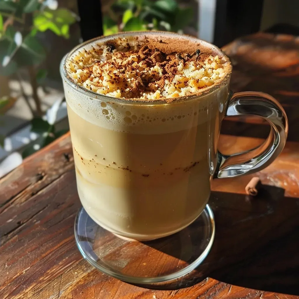 ['Close-up view of a creamy Hokkaido squash chaï latte in a clear glass.', 'Side view of a luscious Hokkaido Kürbis chaï latte topped with cinnamon.', 'Detail shot of a warm Hokkaido squash chaï latte with almond cream.', 'Rich Hokkaido chaï latte with spices and a hint of almond on a wooden surface.']