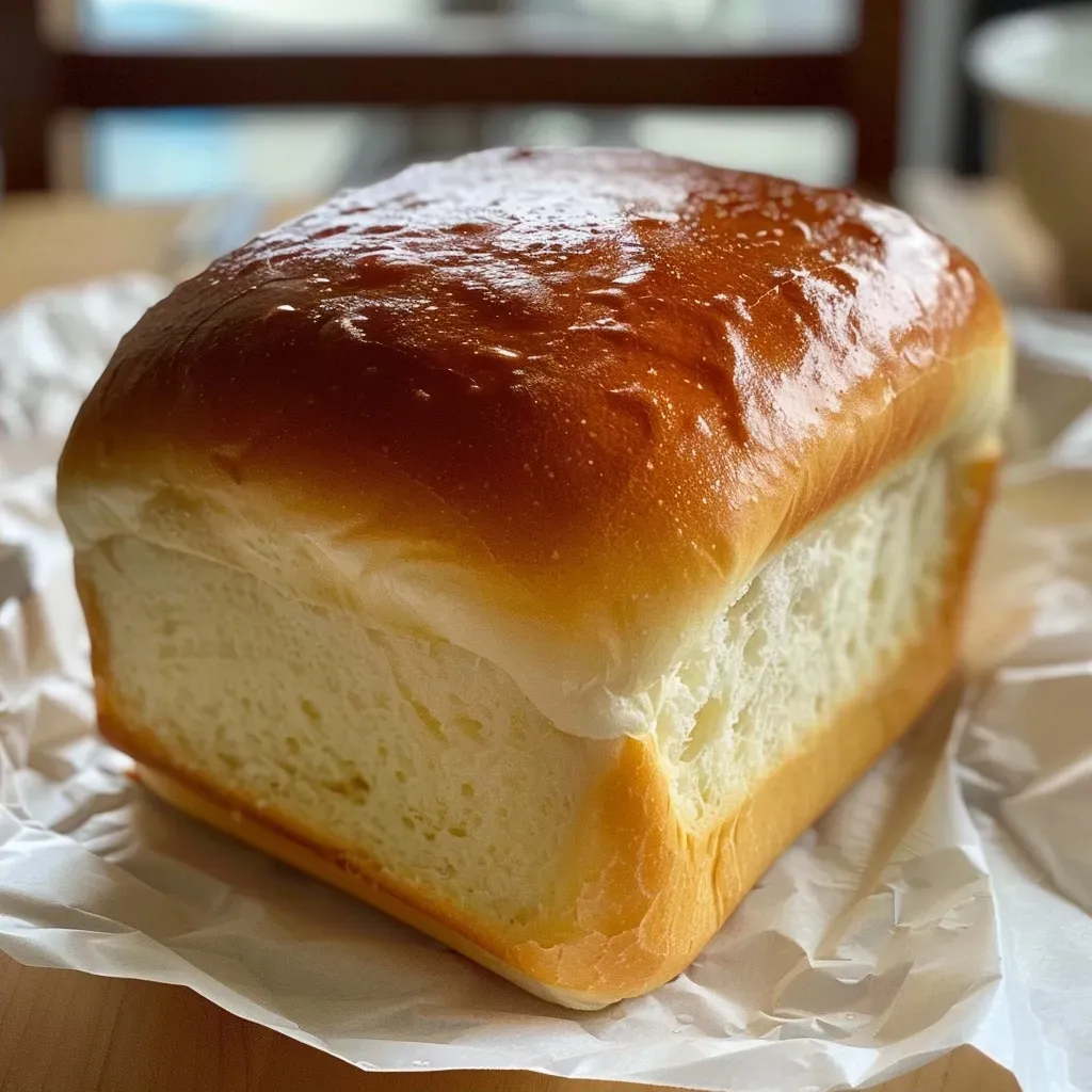 ['Close-up view of soft, golden-brown Hokkaido milk bread loaf on a wooden cutting board.', 'Side view of freshly baked, fluffy Japanese milk bread with a light texture and soft crust.', 'Juicy slice of Hokkaido milk bread revealing its airy interior and creamy color.', 'Deliciously soft Japanese Milchbrot displayed on a rustic table with baking ingredients nearby.']