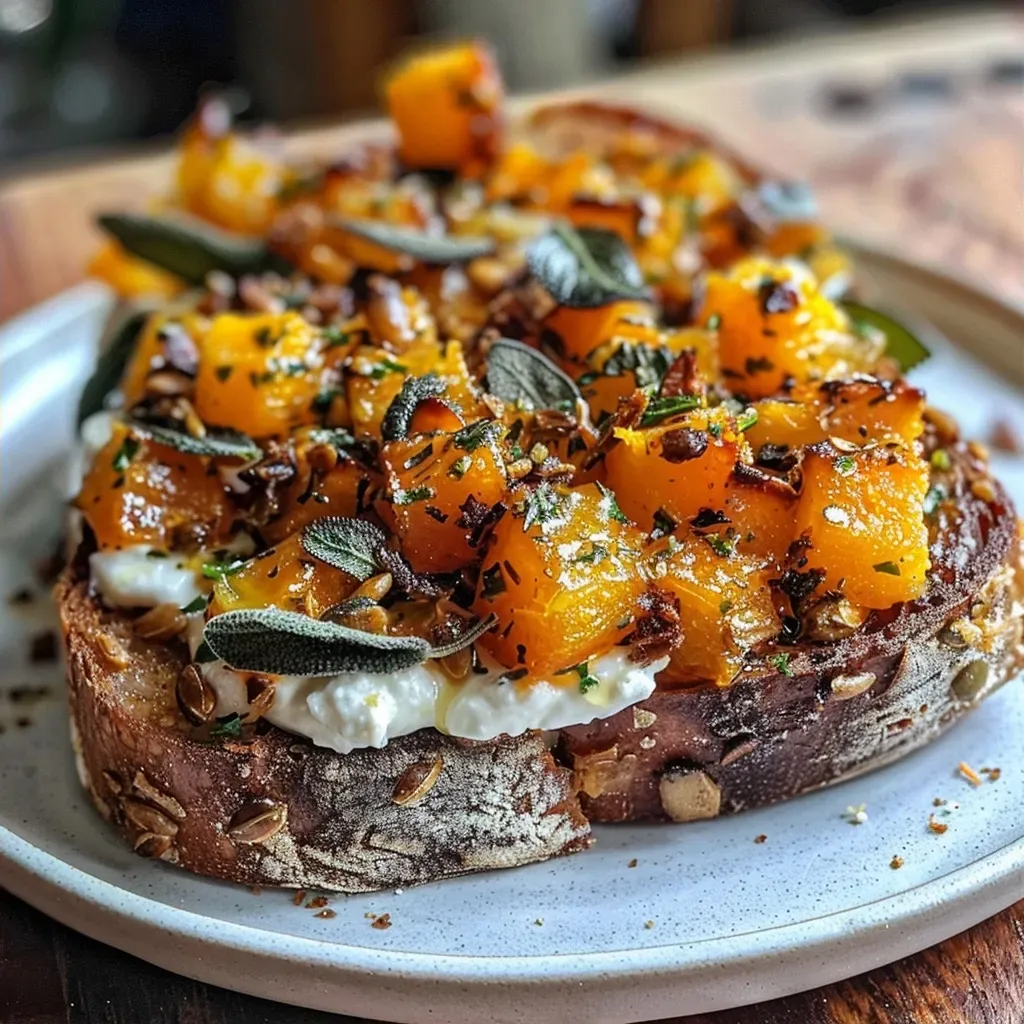 ['Close-up view of roasted Honeynut squash toast topped with ricotta cheese and fried sage.', 'Side view of juicy Honeynut squash toast garnished with lemon zest and sage leaves.', 'Detailed photo of a slice of porridge loaf topped with Honeynut squash and creamy ricotta.', 'Appetizing image of roasted squash toast featuring a rustic bread base and fresh ingredients.']