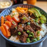 ['A close-up side view of a vibrant Hot Honey Beef Bowl filled with colorful ingredients.', 'A detailed shot of a Hot Honey Beef Bowl showcasing ground beef, sweet potato, avocado, and toppings.', 'A mouth-watering Hot Honey Beef Bowl, featuring juicy beef, a sprinkle of chili flakes and fresh avocado.', 'A side view of a Hot Honey Beef Bowl, highlighting the mix of savory and sweet ingredients in a rustic bowl.']
