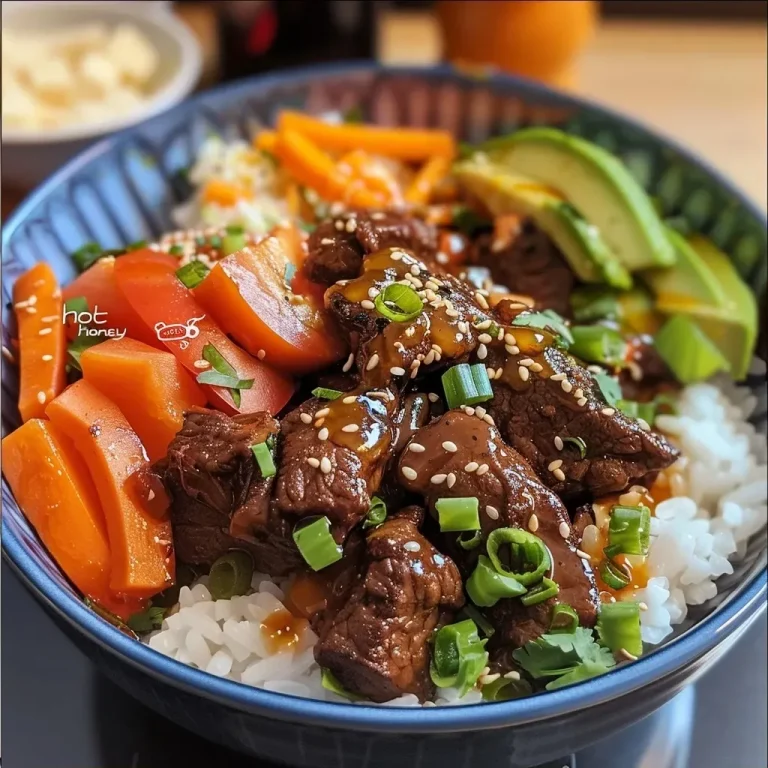 ['A close-up side view of a vibrant Hot Honey Beef Bowl filled with colorful ingredients.', 'A detailed shot of a Hot Honey Beef Bowl showcasing ground beef, sweet potato, avocado, and toppings.', 'A mouth-watering Hot Honey Beef Bowl, featuring juicy beef, a sprinkle of chili flakes and fresh avocado.', 'A side view of a Hot Honey Beef Bowl, highlighting the mix of savory and sweet ingredients in a rustic bowl.']