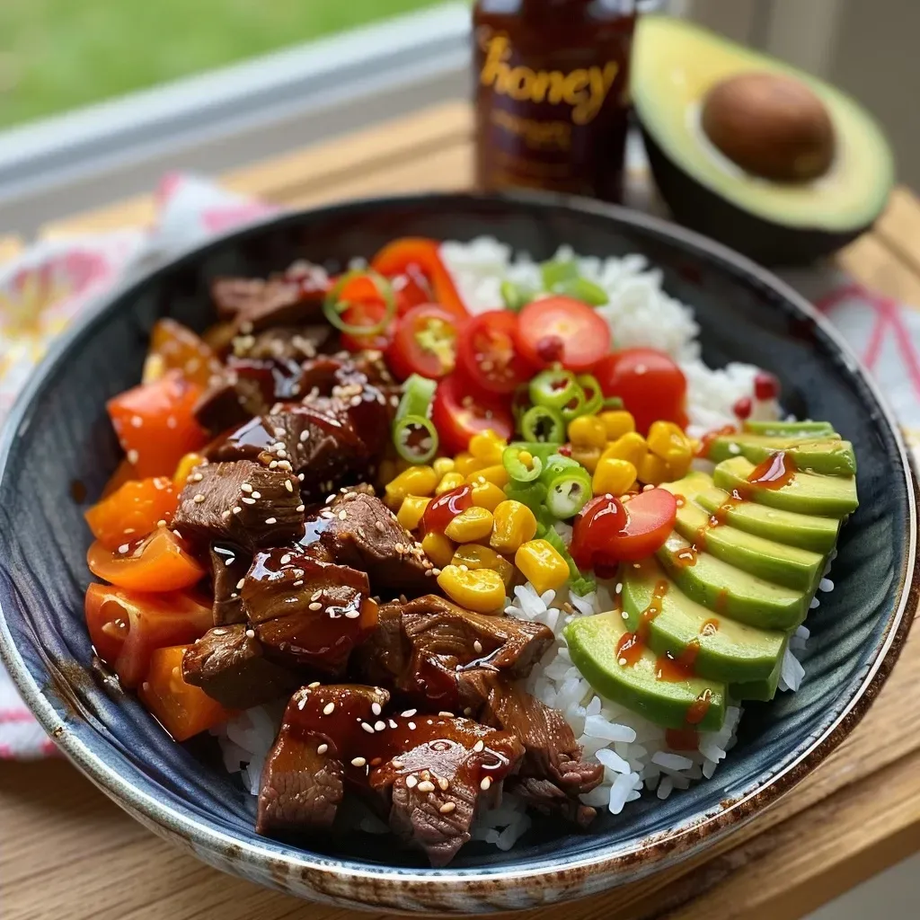 ['A close-up side view of a vibrant Hot Honey Beef Bowl filled with colorful ingredients.', 'A detailed shot of a Hot Honey Beef Bowl showcasing ground beef, sweet potato, avocado, and toppings.', 'A mouth-watering Hot Honey Beef Bowl, featuring juicy beef, a sprinkle of chili flakes and fresh avocado.', 'A side view of a Hot Honey Beef Bowl, highlighting the mix of savory and sweet ingredients in a rustic bowl.']