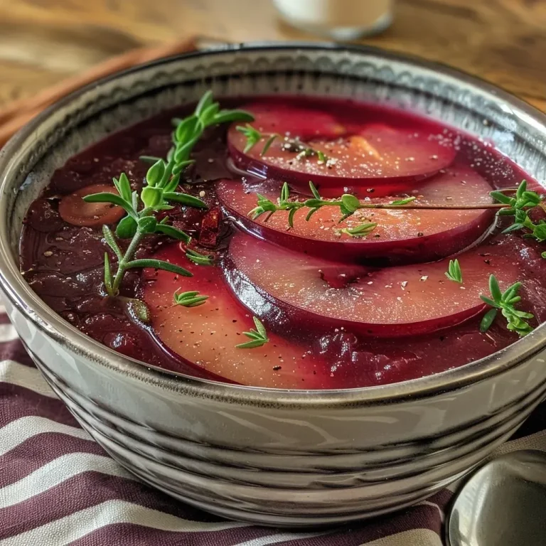 ['Close-up view of a bowl of chilled plum soup with vibrant red and purple hues.', 'side angle of a bowl filled with smooth, garnished plum soup featuring a dollop of yogurt.', 'Juicy chilled plum soup displayed with fresh tarragon leaves on top for garnish.', 'Homemade plum soup in a bowl, showcasing its rich color and creamy yogurt garnish.']