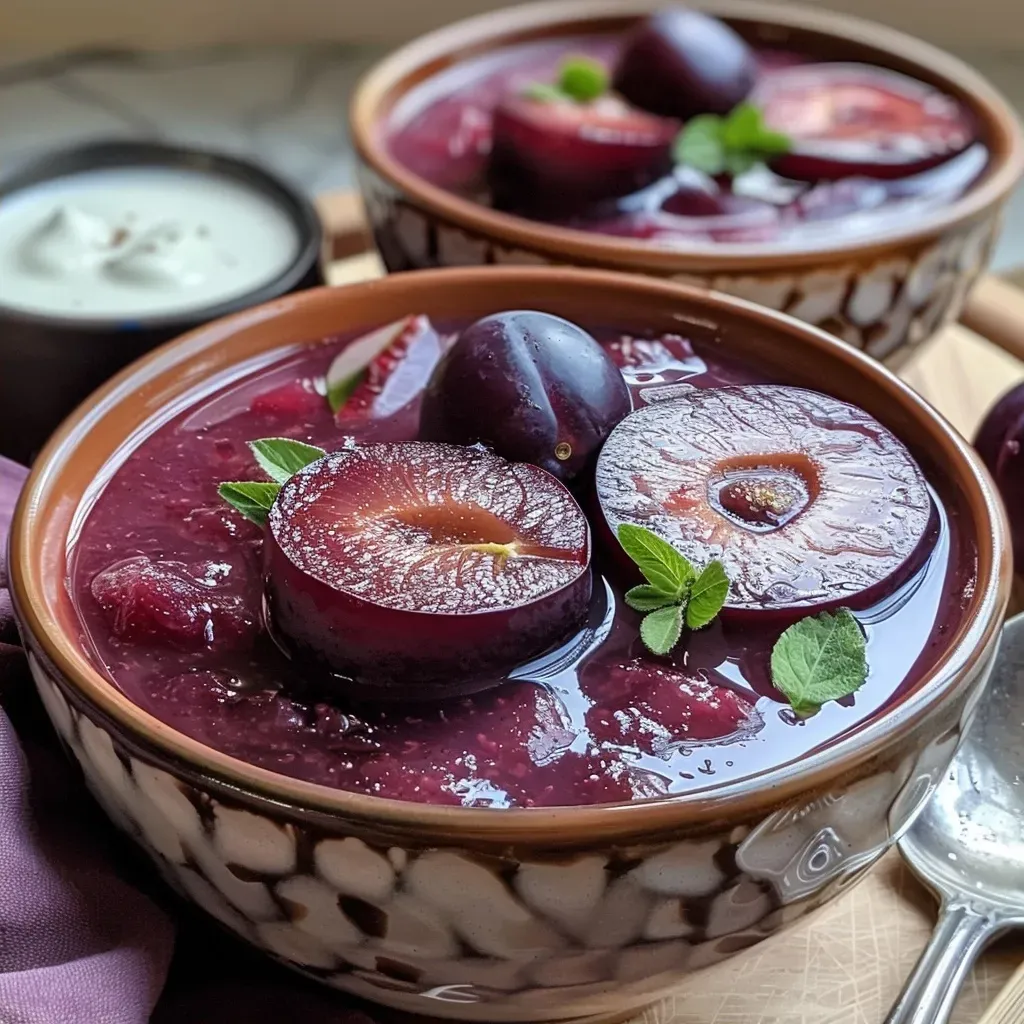 ['Close-up view of a bowl of chilled plum soup with vibrant red and purple hues.', 'side angle of a bowl filled with smooth, garnished plum soup featuring a dollop of yogurt.', 'Juicy chilled plum soup displayed with fresh tarragon leaves on top for garnish.', 'Homemade plum soup in a bowl, showcasing its rich color and creamy yogurt garnish.']