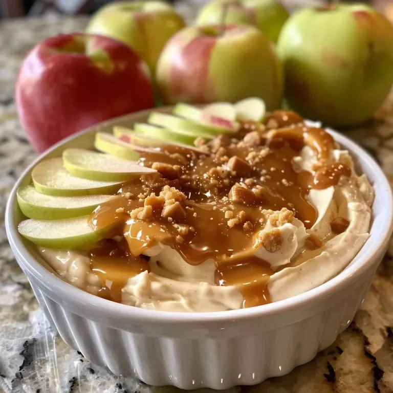 ['Close-up of creamy caramel apple dip served with sliced apples.', 'Side view of a bowl of caramel apple dip and apple slices.', 'Thick caramel dip in a bowl surrounded by red and green apple slices.', 'Delicious caramel apple dip with toffee bits and fresh apple slices.']