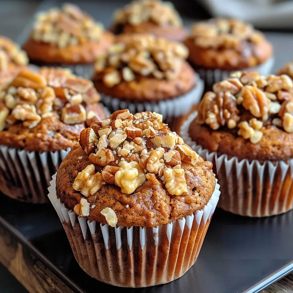 Close-up side view of Karamell-Nuss-Muffins with a glossy caramel topping and walnut garnish.