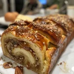 ['A close-up side view of a sliced caramel pecan babka showcasing its rich layers and texture.', 'Sliced caramel pecan babka with visible caramel drizzle and chopped pecans, captured on an iPhone 15 Pro.', 'Detailed view of a deliciously layered caramel pecan babka, highlighting its glossy caramel top and nutty chunks.', 'Side profile of caramel pecan babka revealing its soft, fluffy dough and decadent filling.']