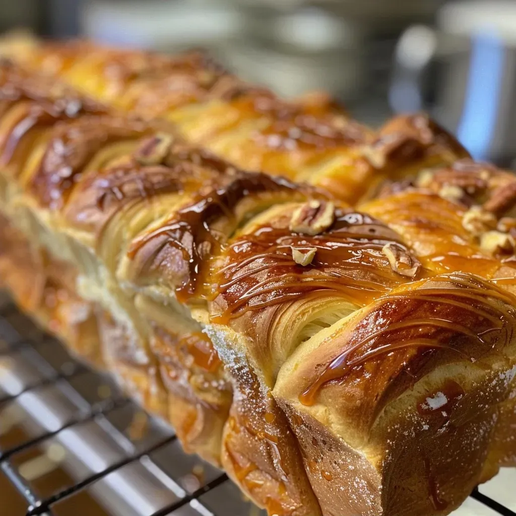 ['A close-up side view of a sliced caramel pecan babka showcasing its rich layers and texture.', 'Sliced caramel pecan babka with visible caramel drizzle and chopped pecans, captured on an iPhone 15 Pro.', 'Detailed view of a deliciously layered caramel pecan babka, highlighting its glossy caramel top and nutty chunks.', 'Side profile of caramel pecan babka revealing its soft, fluffy dough and decadent filling.']